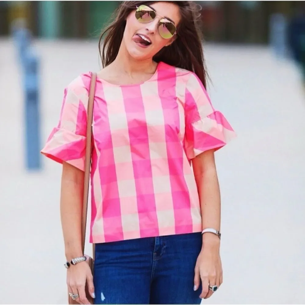 J. Crew Ruffle-Sleeve Neon Buffalo Check Top Size 0